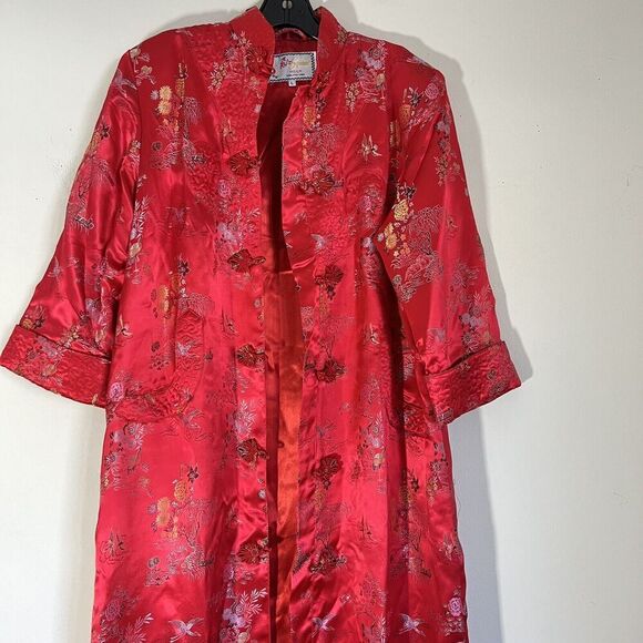 VTG Solz Squirrel Chinese Long Robe Dress Jacket Red Embroidered Pockets L Satin - Picture 2 of 8